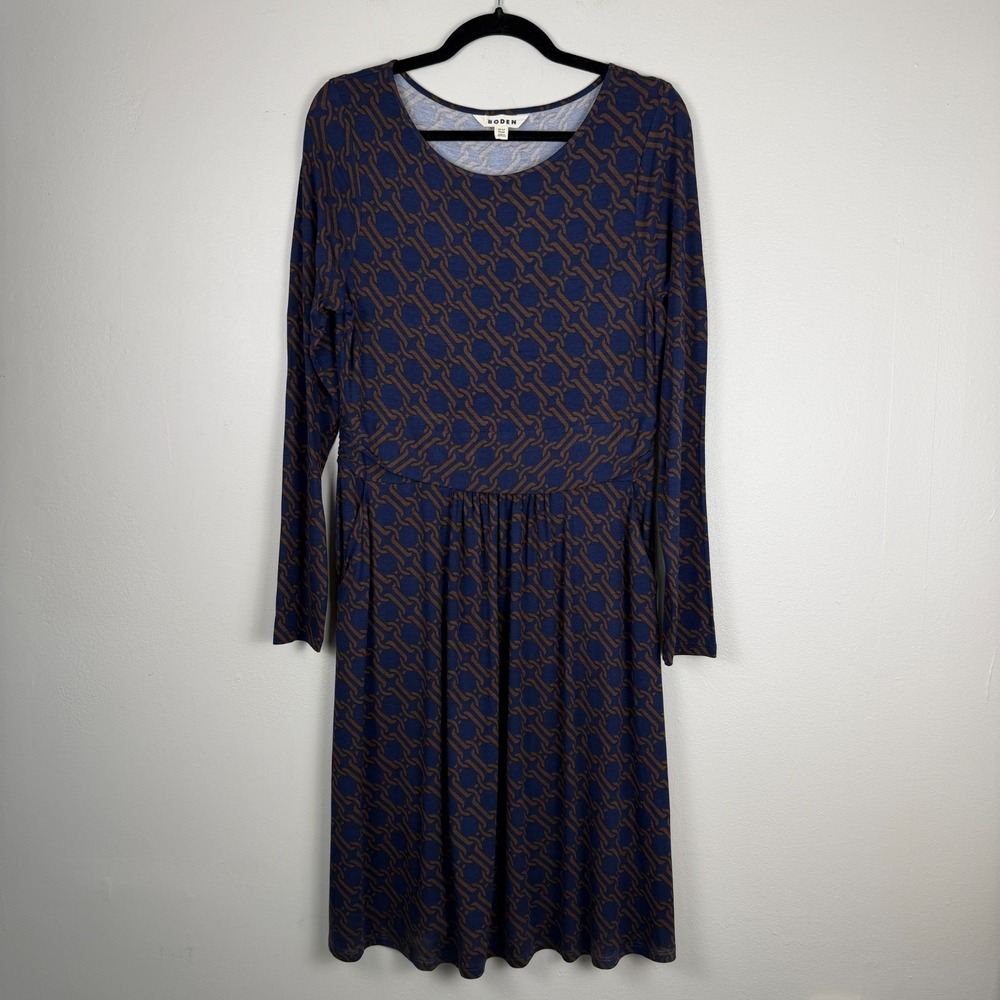 Boden Jersey Dress Womens 10R Blue Brown Geometric Print Long‎ Sleeve Pockets